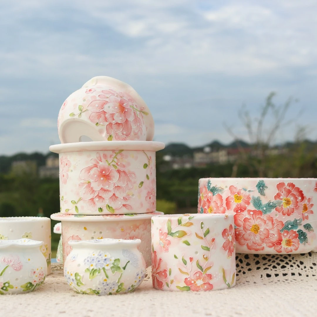 嘟嘟原创景德镇濑户烧 X M 老师超精工清新花卉卡通透气多肉花盆