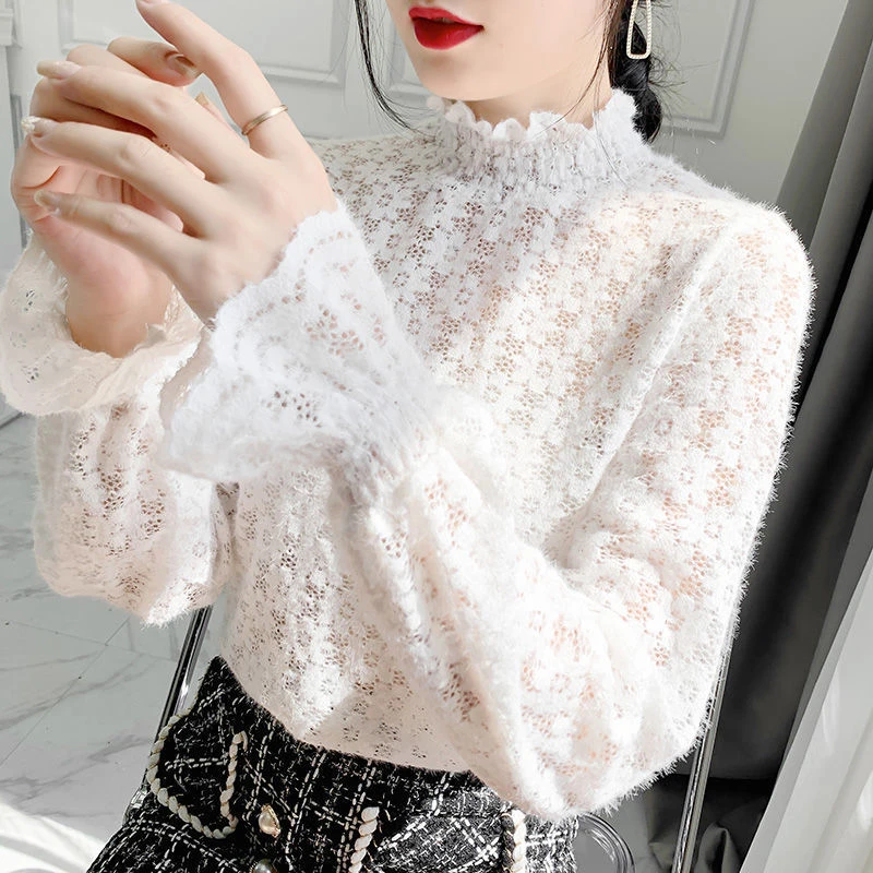 秋冬羽毛绒加厚韩版洋气蕾丝打底衫大码女装长袖网纱内搭立领上衣