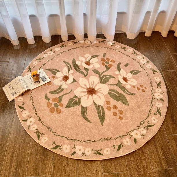 地毯/Carpet法式简约小叶碎花仿羊羔绒圆形客厅卧室