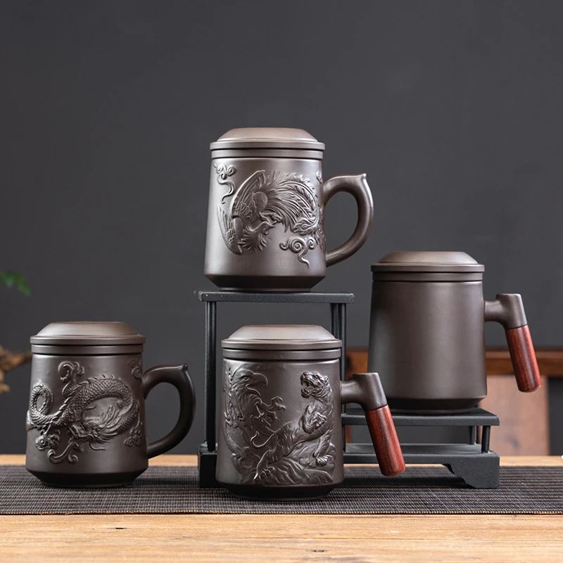 定制刻字紫砂办公茶杯子木把内胆过滤茶水分离会议大容量陶瓷礼盒