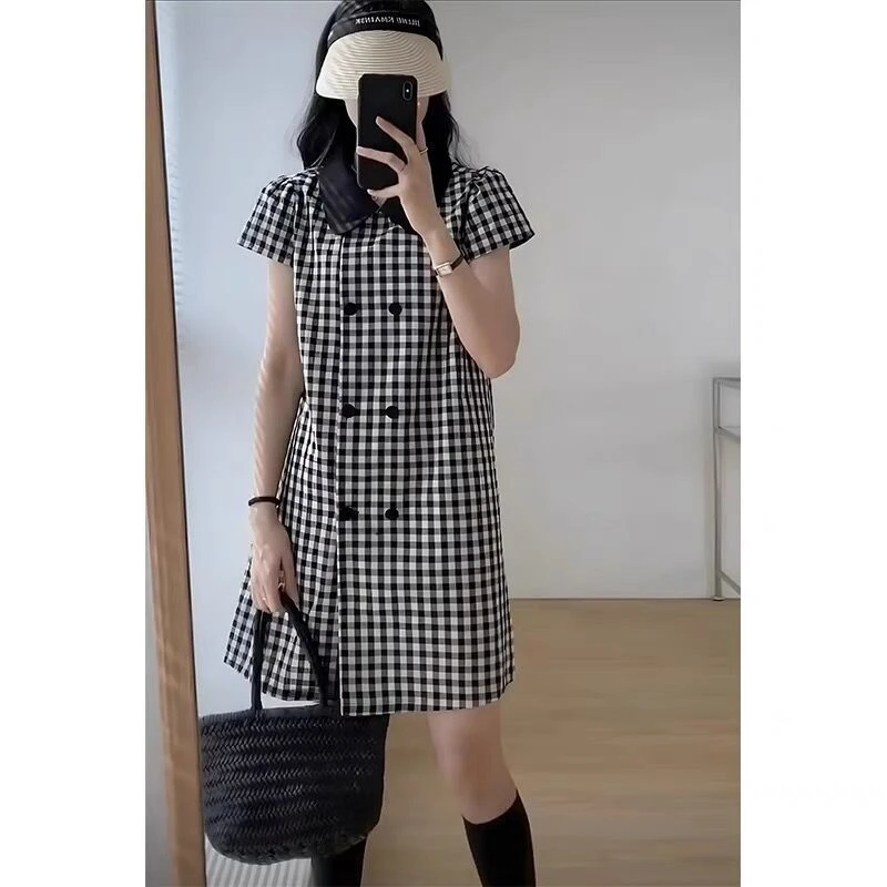 大码女装法式格子娃娃领连衣裙女夏季2024新款韩版时尚显瘦裙子