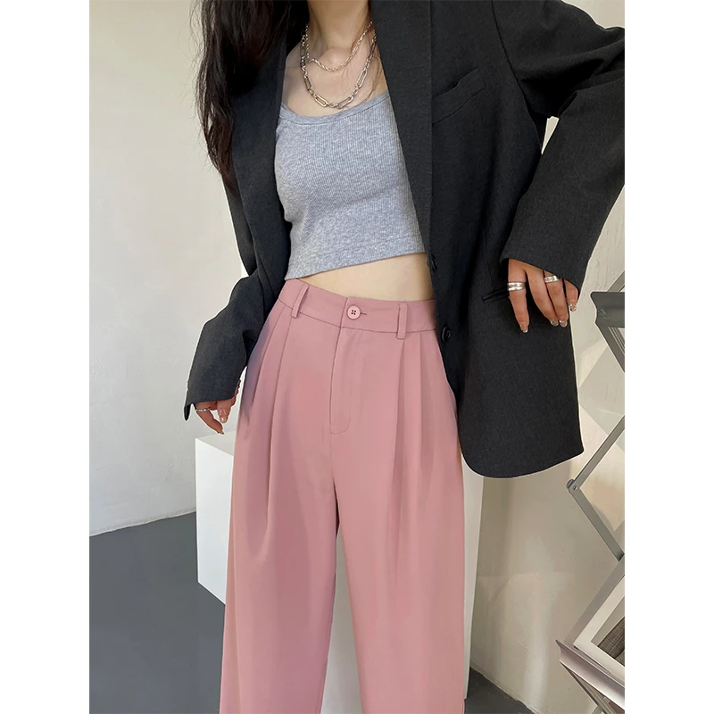 粉色冰丝阔腿裤女夏季薄款高腰垂感宽松显瘦休闲拖地直筒裤西装裤