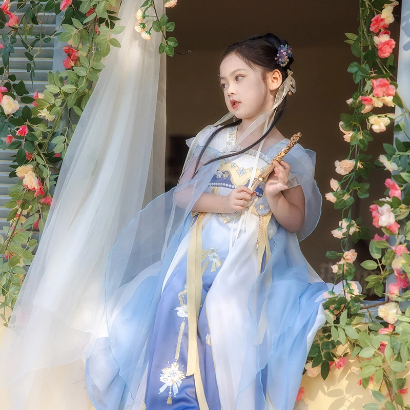旗铂-雨花时 蓝粉色夏季儿童汉服古风童装飘逸女童超仙连衣裙齐胸