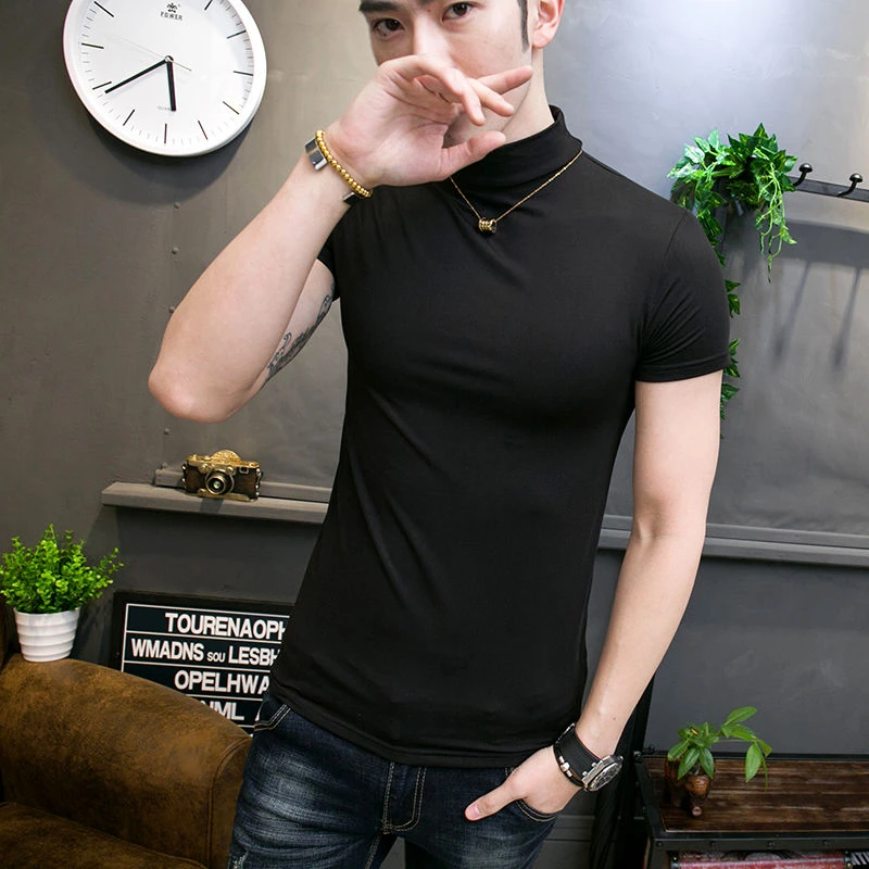 高领T恤男短袖薄款紧身半袖修身打底潮流百搭上衣纯色打底衫保暖