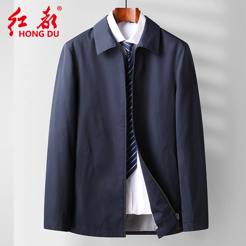 红都春季商务休闲中年纯棉翻领夹克水洗拉链款茄克衫大码外套6155