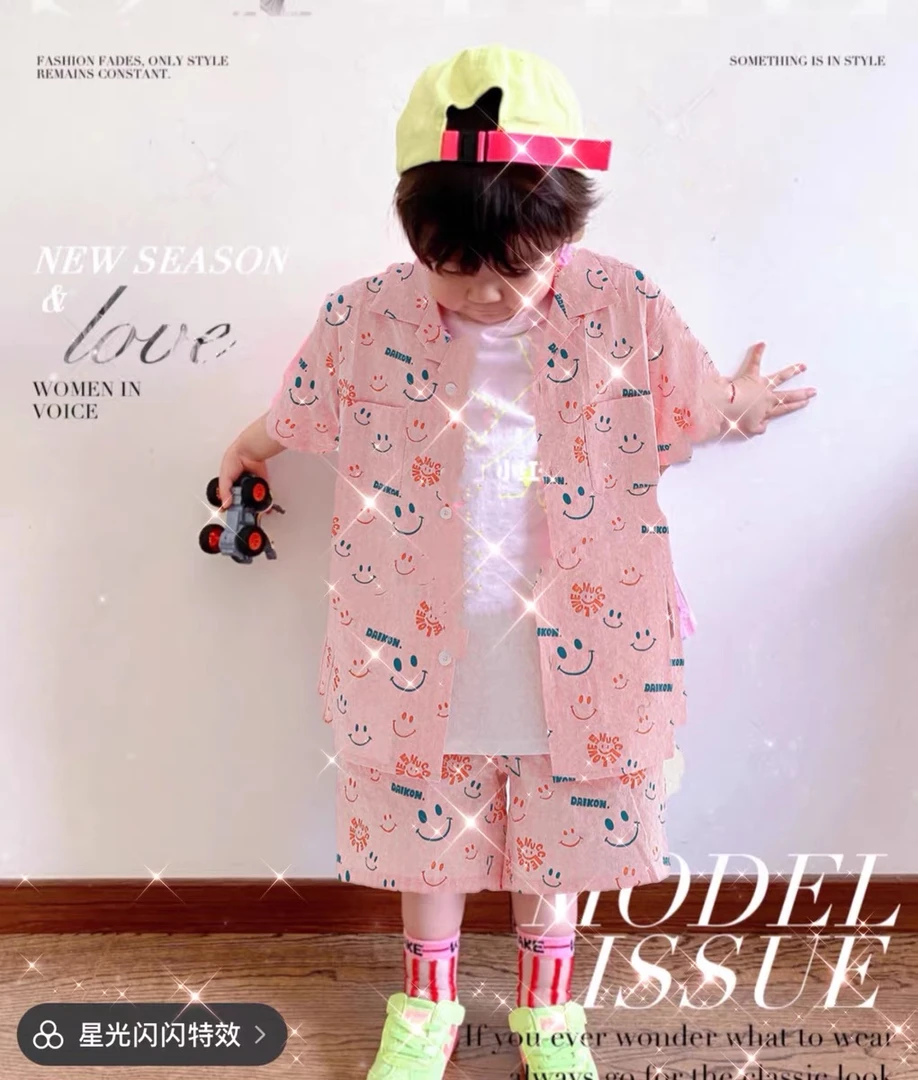 猪小菜麻麻 童装短袖衬衫两件套2025夏季新款男女儿童印花套装