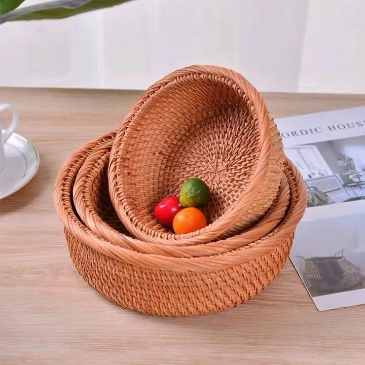TB016锁边收纳圆盘收纳篮茶几水果盘欧式客厅家用植物藤编三件套