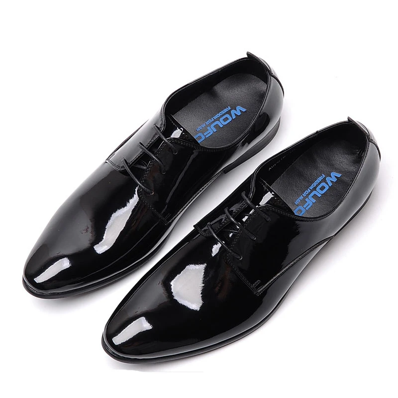 皮鞋男欧版商务正装皮鞋男德比鞋漆皮亮面英伦男士婚鞋真皮透气潮