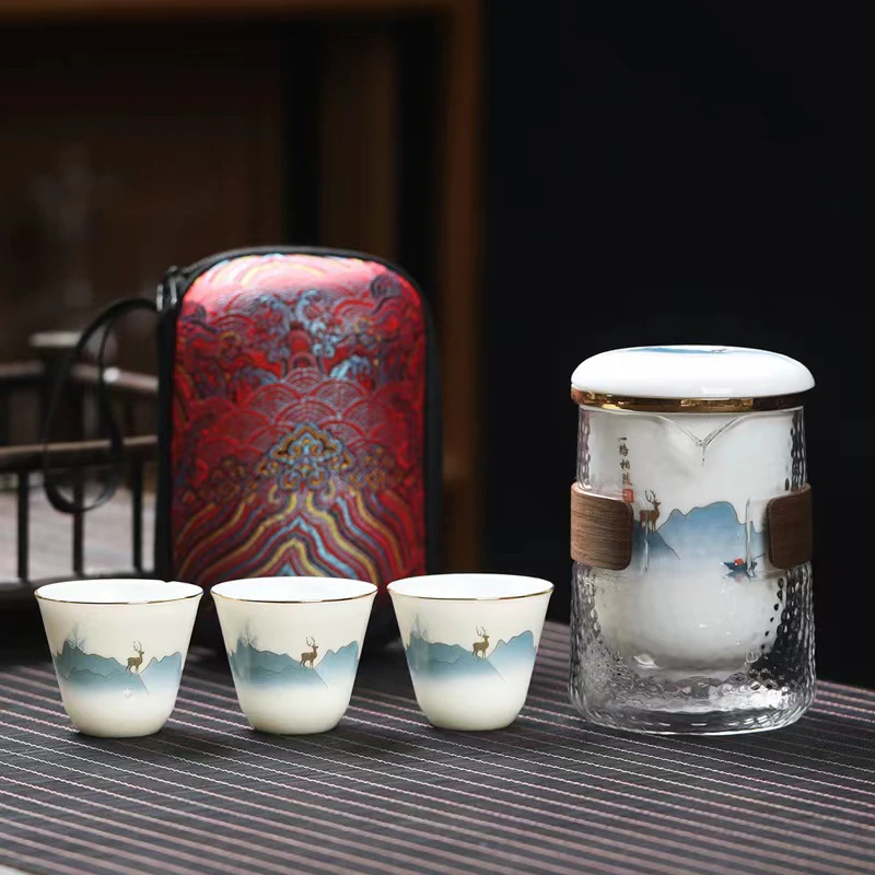 德化白瓷旅行茶具一壶三杯可收纳户外便携茶具车载陶瓷便携式茶具