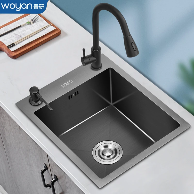 黑色纳米不锈钢小单槽厨房茶水间吧台阳台小号水槽手工台下盘防油
