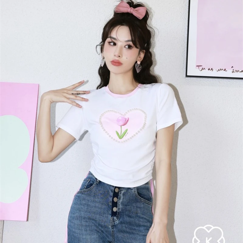 2162【金拐子专属】Kroche 3D立体郁金香渲染珍珠爱心印花抽褶短袖