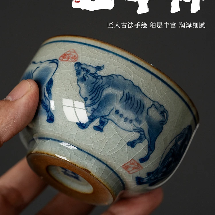 老陶泥柴窑五牛图主人杯单杯古茶杯高端景德镇手工茶具扭转乾坤