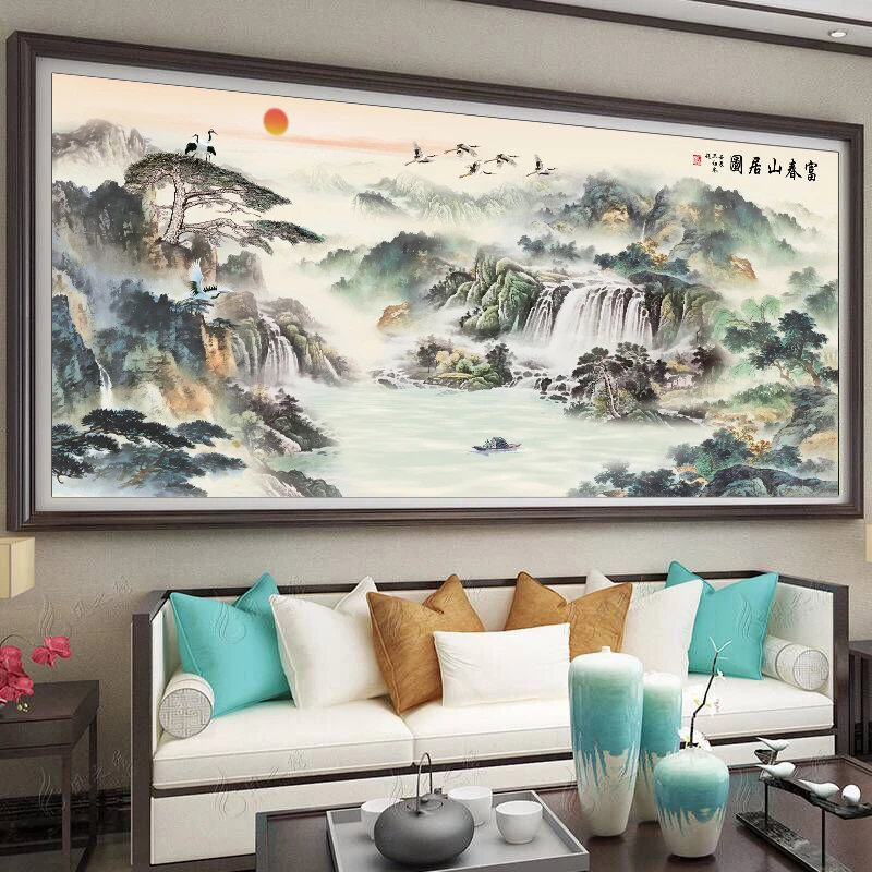 蒙娜丽莎十字绣流水生财2024新款线绣客厅山水画富春山居图风景画