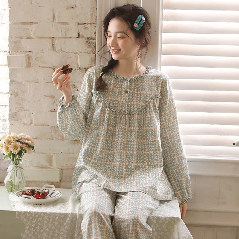 『茶百』春夏女款森系小碎花双层纯棉纱布长袖睡衣套装MS7540