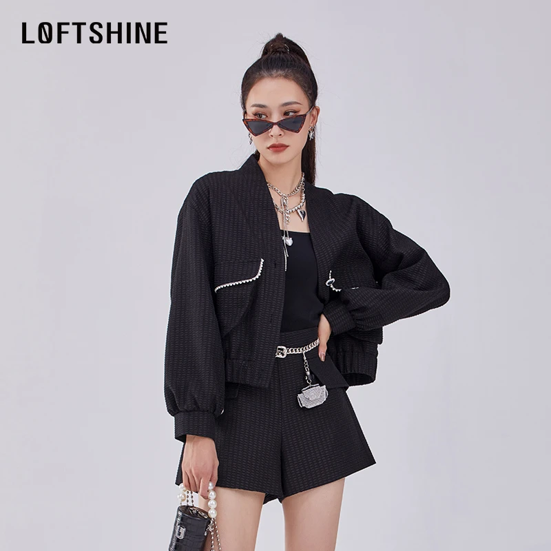 LOFTSHINE珞炫小众设计感珍珠短款外套23春夏小个子显高显瘦夹克