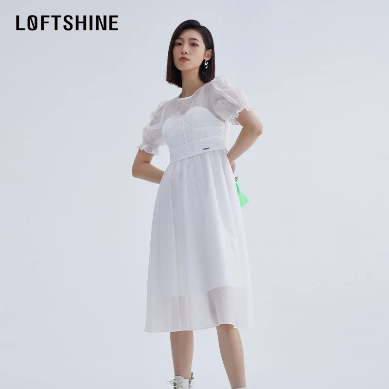 LOFTSHINE珞炫拼接高级感时尚舒适裙子23夏泡泡袖甜美约会连衣裙
