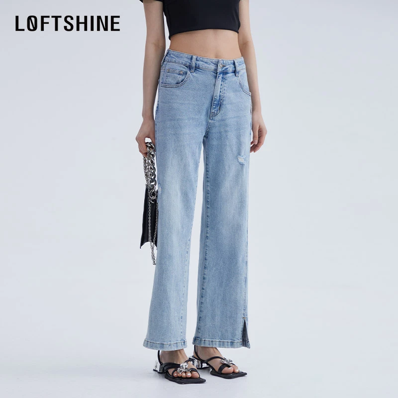 LOFTSHINE珞炫百搭舒适中腰美式复古水洗直筒裤23春夏开叉牛仔裤