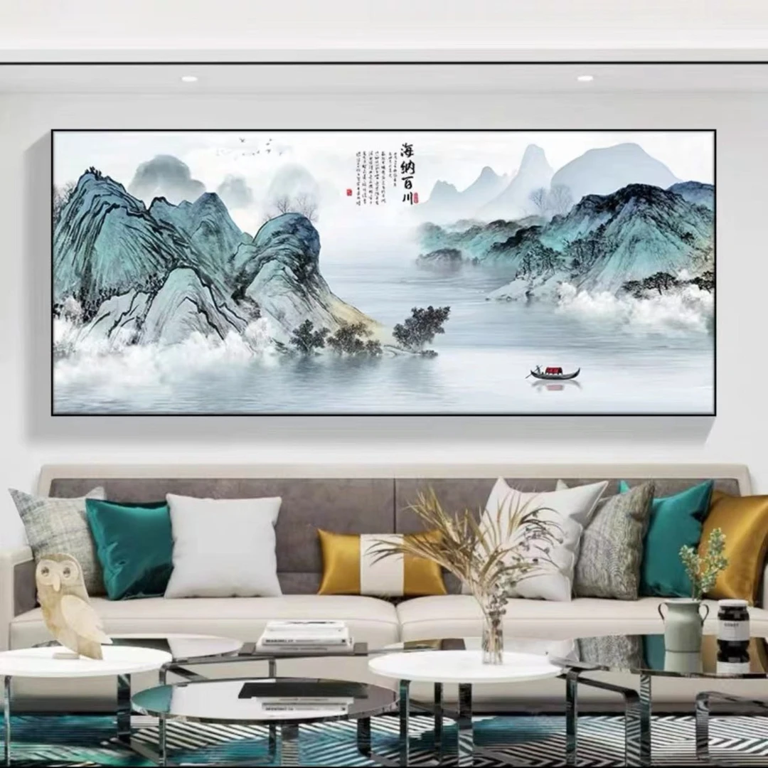 升级版-横版画-【海纳百川流水生财】晶瓷画晶瓷镶钻画玄关画走廊画