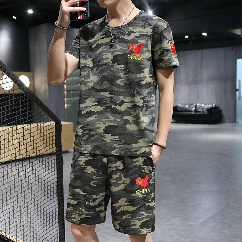 夏季正品迷彩服短袖短裤t恤男休闲运动服军迷套装爱国潮刺绣弹力