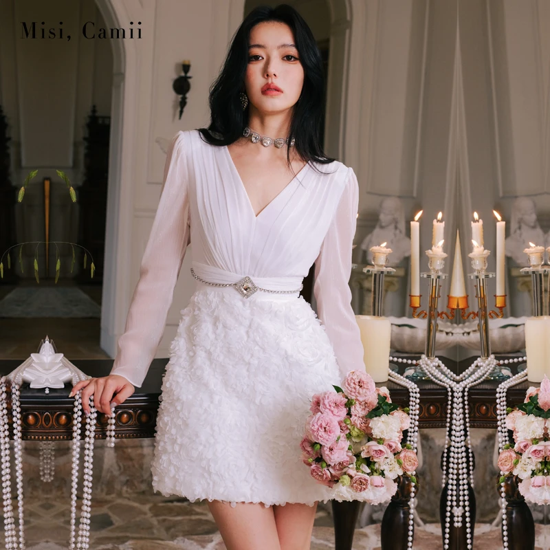 Misi,Camii2024秋季新款亮丝绉立体绣花连衣裙名媛轻奢时尚感女装