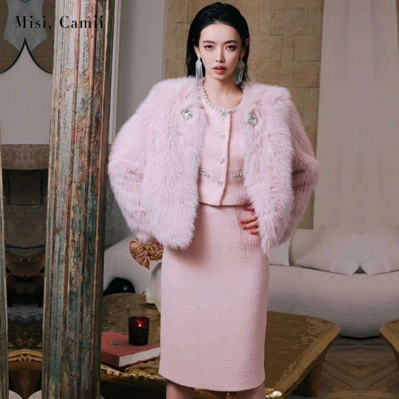 Misi,Camii2024秋冬新款方钻亮丝环保毛外套名媛时尚百搭轻奢女装