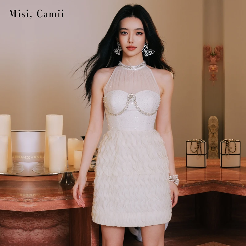 Misi,Camii秋冬新款女装钻饰削肩立体蓬蓬礼服名媛时尚轻奢连衣裙