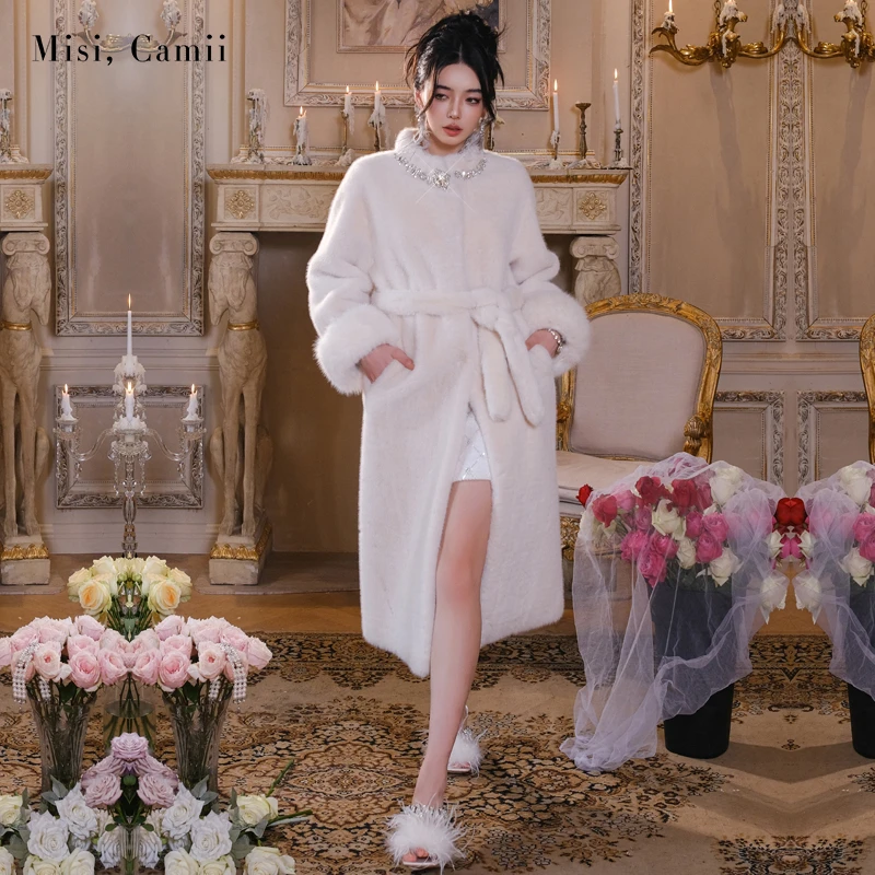 Misi,Camii冬季新款高贵名媛风钻链立领环保毛大衣长外套时尚百搭