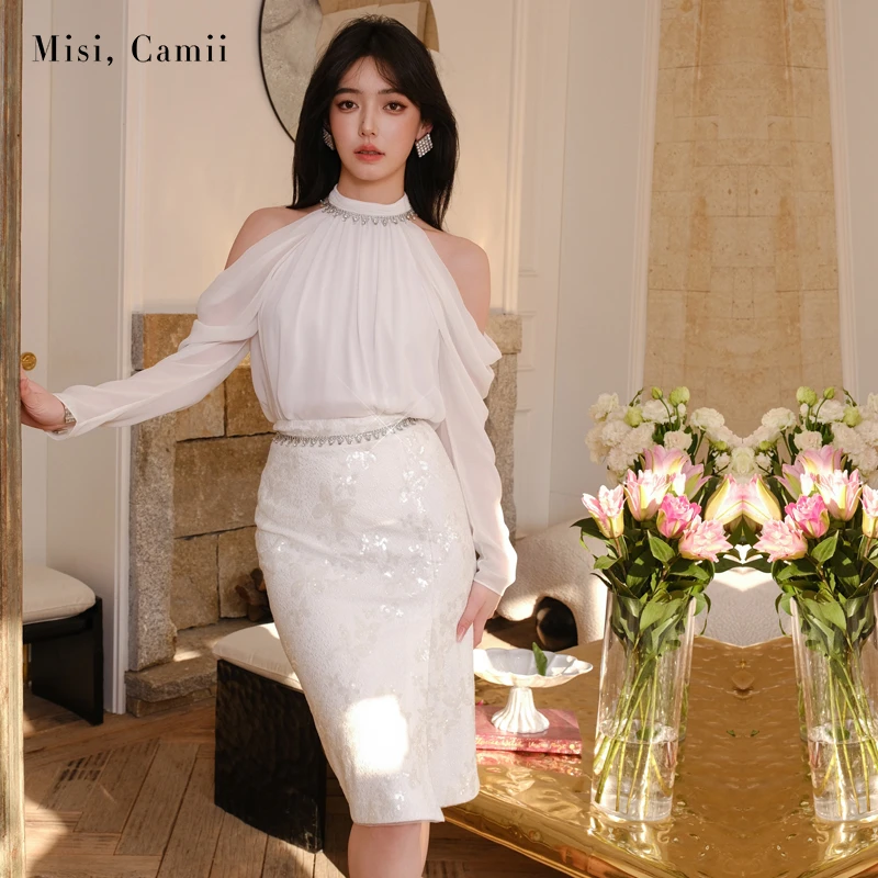 Misi,Camii2025春夏新款女装钻饰立领露肩长袖上衣时尚感百搭显瘦