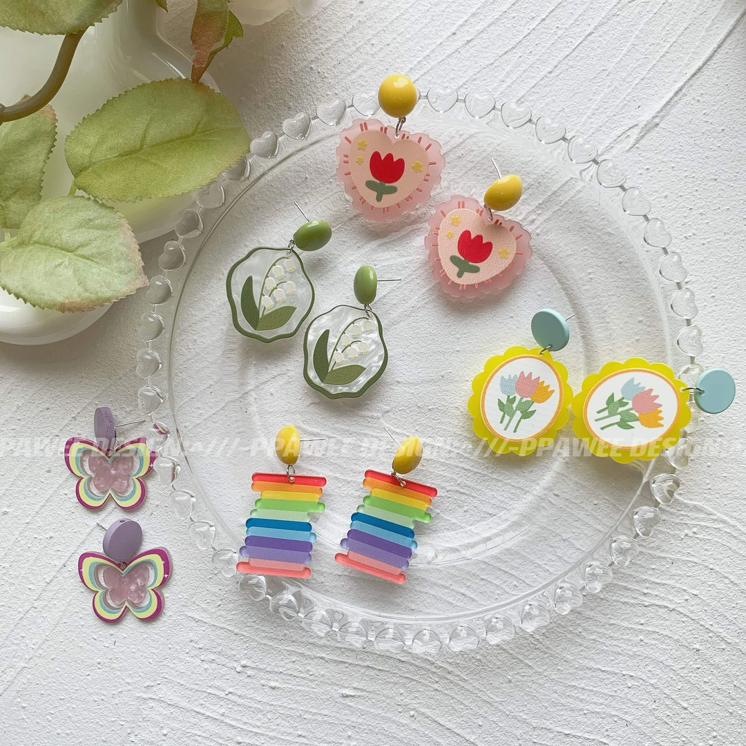 合金耳饰 森系少女耳钉彩色亚克力耳环可爱铃兰花耳饰耳夹