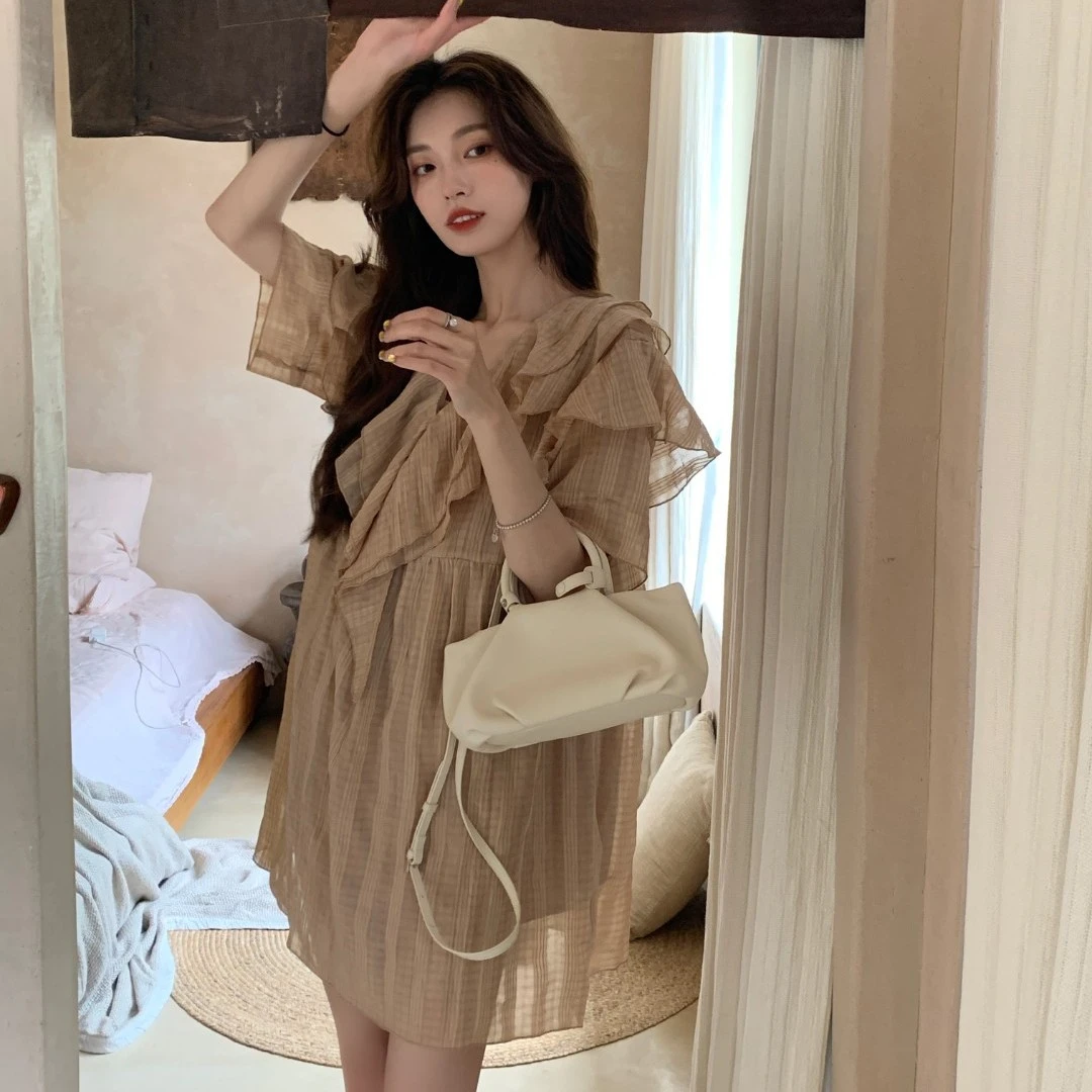 SourceWithU 长款/短款 2色亚麻感舒适清爽雪纺荷叶边韩系连衣裙