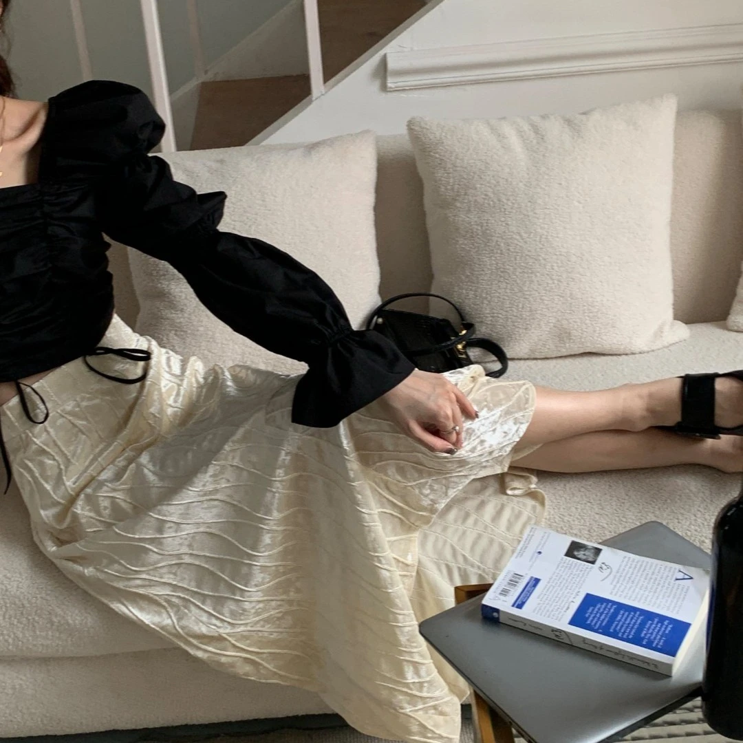 SourceWithU 湖面清晨 涟漪纹优雅法式丝绒半身裙中长款裙子新款