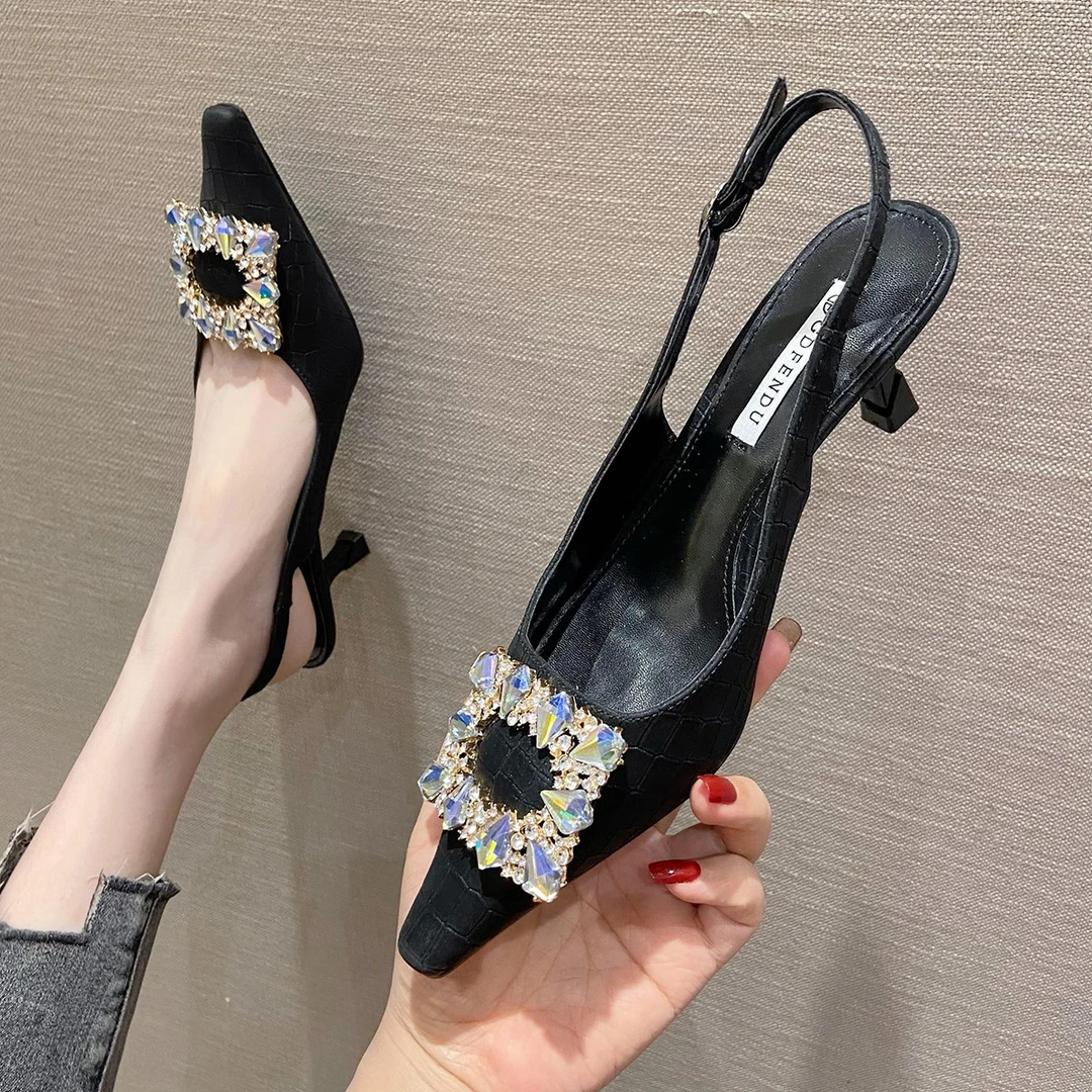 2603方扣浅口高跟鞋女早秋新款韩版时尚百搭水钻细跟凉鞋女