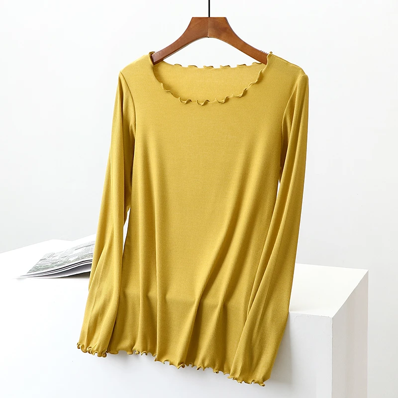 2022春秋新款莫代尔打底衫女冬圆领长袖t木耳领内搭薄款百搭上衣