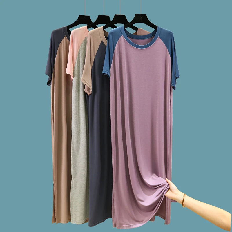 莫代尔睡衣女夏季薄款短袖家居服大码宽松睡裙拼色连衣裙外穿裙子