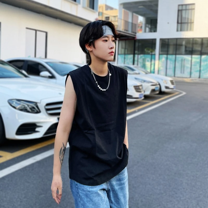 小袖口260g中性运动宽松女纯色棉黑色外穿坎肩短无袖背心les帅T恤