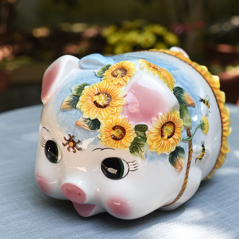 Functionart太阳花生肖猪存钱筒陶瓷手工艺品摆件储钱筒储钱罐