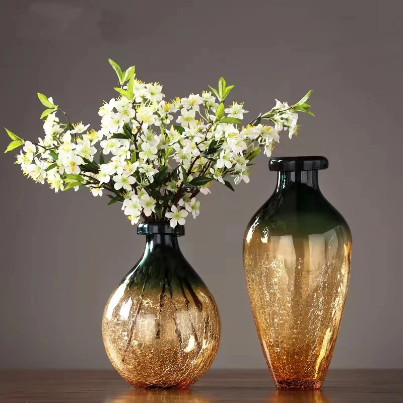 美式炫彩裂纹玻璃花瓶摆件 家居客厅餐厅电视柜边几插花花器