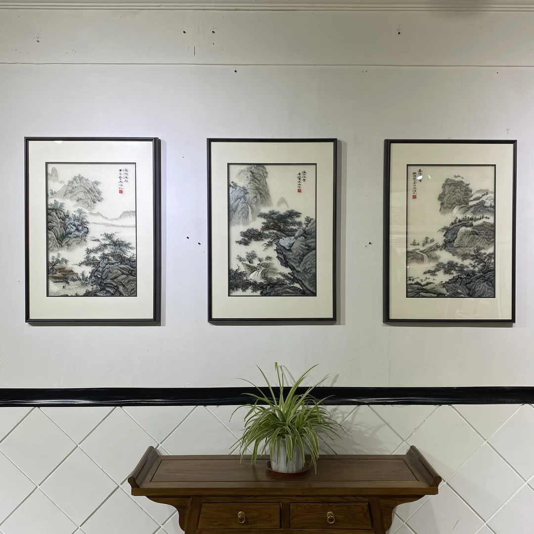 苏绣刺绣三联挂画,中式新中式装饰画,可挂客厅,书房,餐厅