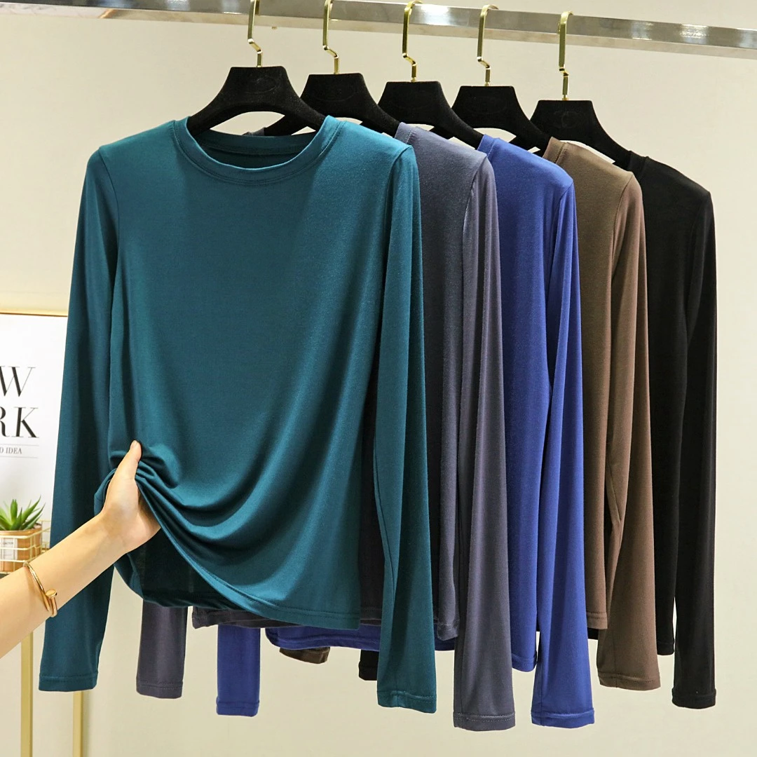 莫代尔T恤潮女长袖打底外穿百搭洋气圆领大码显瘦春夏季2022新胖M