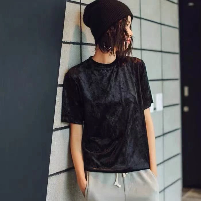 T恤轻职风短袖黑色夏季宽松不起球韩版印花女士半袖纯色户外运动