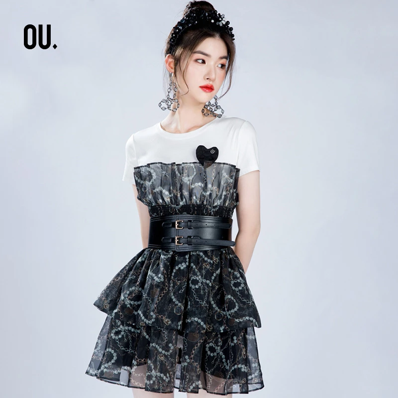 【商场同款】 OU.FASHION/欧点气质性感碎花拼接连衣裙  6122220040