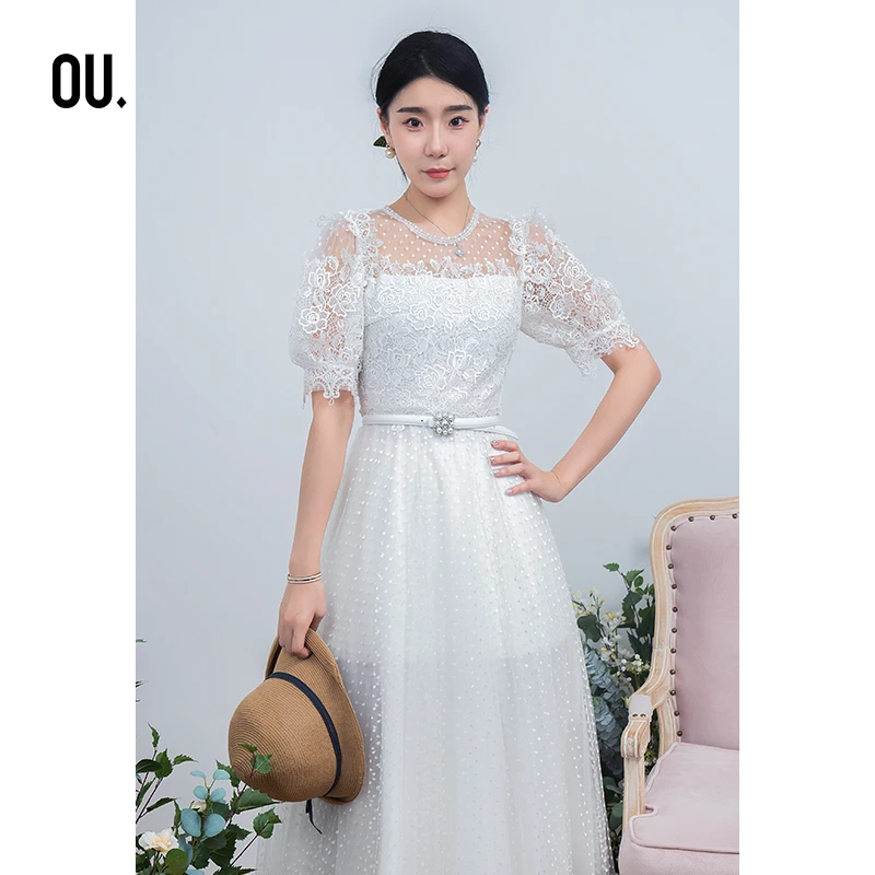 OU.FASHION/欧点时尚气质优雅甜美圆领短袖连衣裙夏款6122230138