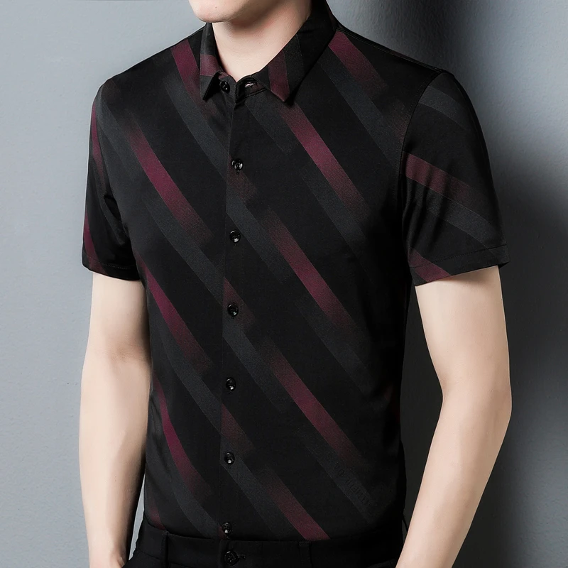 夏季新款中年男士短袖花衬衫中年冰丝印花休闲薄款衬衣男装半袖