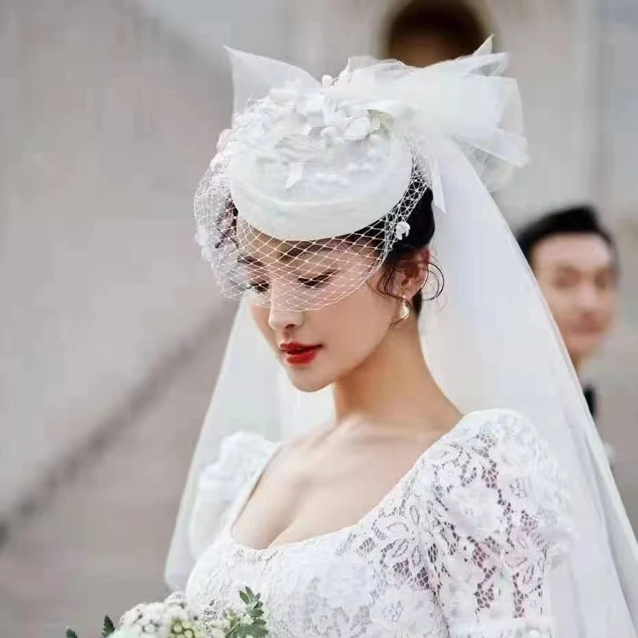 新款新娘头纱一体复古网纱小礼帽婚纱礼服配饰头饰旅拍写真头发饰