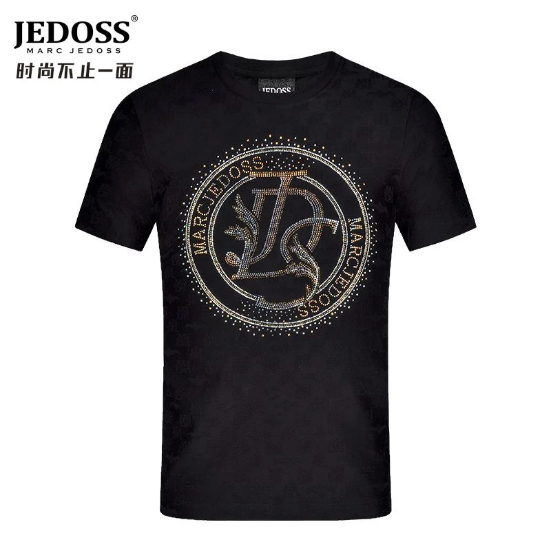 JEDOSS/爵迪斯提花烫钻立体暗纹T恤短袖夏季修身半袖休闲棉潮流