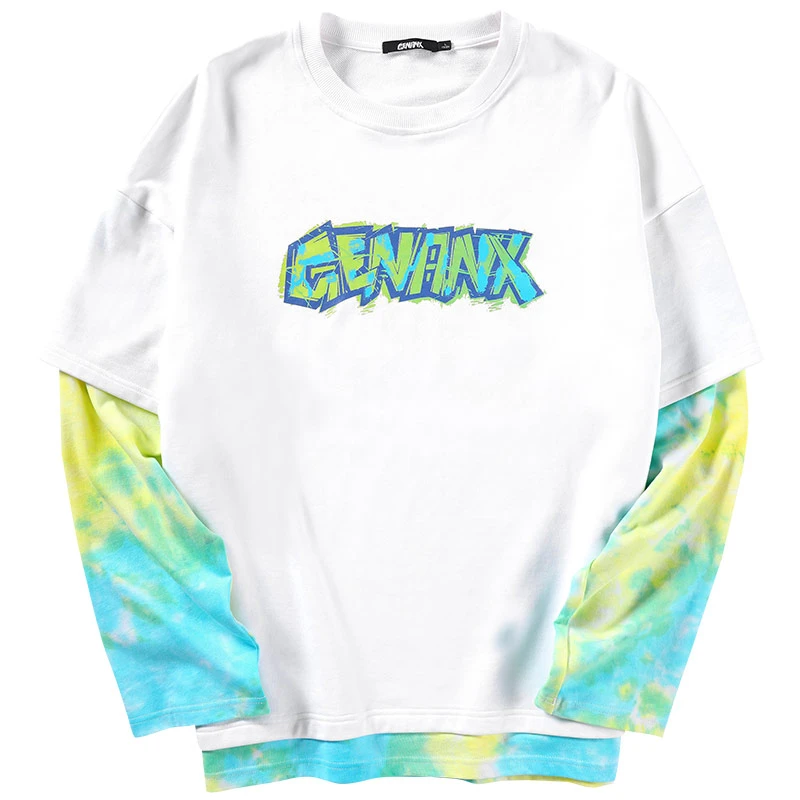 GENANX闪电潮牌假两件时尚卫衣男潮ins扎染套头韩版宽松男装 W418