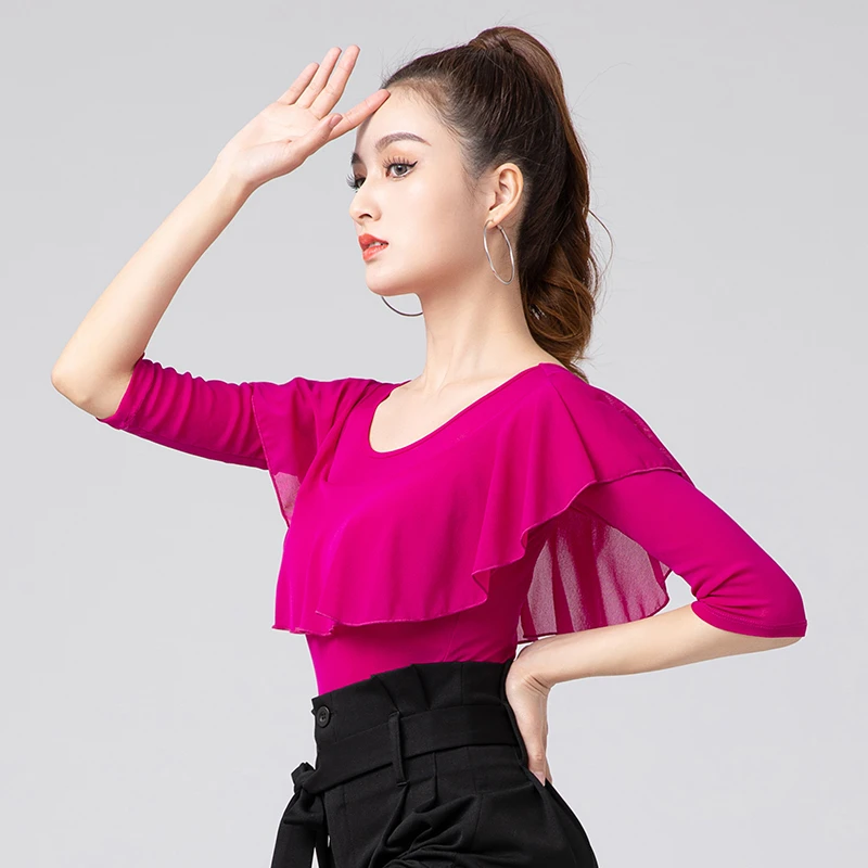 摩登舞上衣女成年时尚新款跳国标舞衣练功服网纱荷叶拉丁舞蹈服装