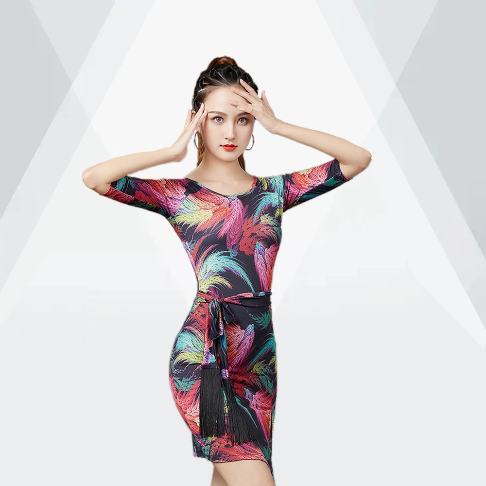 拉丁舞裙成人女款2023新款气质夏装印花短裙弹力修身凤尾花连衣裙