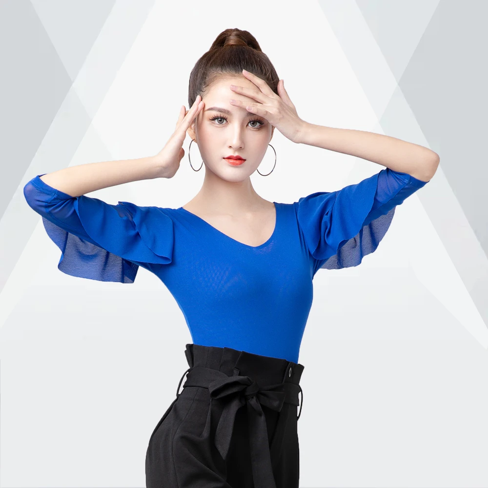 2023拉丁舞摩登舞上衣华尔兹荷叶边袖子连体衣女夏新款成人广场舞
