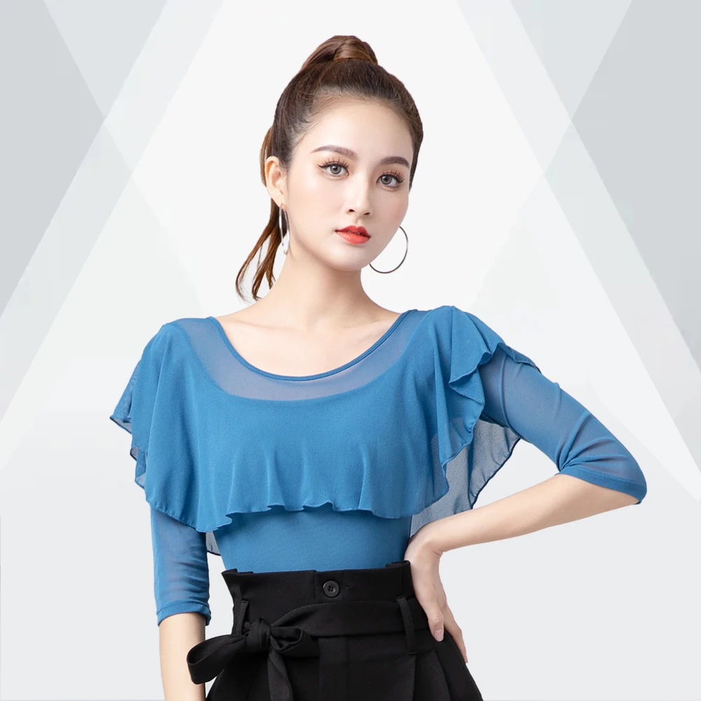 摩登舞拉丁舞服上衣女士2023新款荷叶边练功连体衣成人拉丁舞蹈服